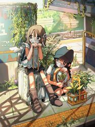  2girls absurdres backpack bag black_hair boots brown_boots brown_hair child commentary english_commentary hat highres mask mouth_mask multiple_girls myango_(applemangocrape) original overgrown plant post-apocalypse potted_plant respirator rolling_suitcase short_sleeves shorts sitting squatting suitcase tactile_paving train_station_platform vines 