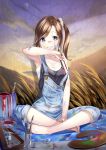  1girl bare_shoulders barefoot blanket blue_eyes brown_hair collarbone dirty grin indian_style kyon_(fuuran) long_hair original overalls paint paint_bucket paintbrush side_ponytail sitting smile solo 