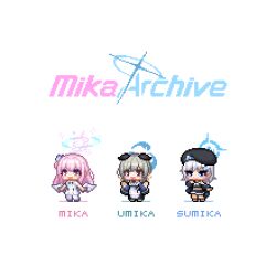  3girls animal_ears apron beret black_hat black_jacket black_serafuku black_shirt black_skirt blue_archive blue_eyes blue_halo character_name chibi chibi_only commentary dog_ears dog_girl dress grey_hair halo hat jacket japanese_clothes kimono logo_parody long_hair low_wings mika_(blue_archive) multicolored_halo multiple_girls pink_hair pixel_art purple_halo redforge school_uniform serafuku shirt simple_background skirt sumika_(blue_archive) two-tone_halo umika_(blue_archive) white_apron white_background white_dress white_wings wings 