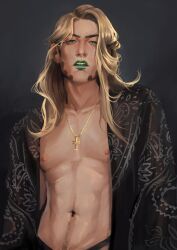  1boy absurdres black_shawl blonde_hair collarbone cross cross_necklace green_eyes green_lips grills gyro_zeppeli highres jewelry jojo_no_kimyou_na_bouken lis_cepu long_hair looking_at_viewer male_focus navel navel_hair necklace nipples see-through_clothes shawl solo steel_ball_run stomach topless_male upper_body 