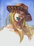  1boy absurdres blonde_hair blue_eyes grin gyro_zeppeli hat highres jojo_no_kimyou_na_bouken linky lipstick long_hair makeup smile solo steel_ball_run traditional_media watercolor_(medium) 