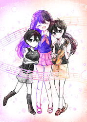  1girl 2boys animal antenna_hair black_socks black_sweater_vest black_tank_top blush bow_(music) bright_pupils brother_and_sister brown_shoes brown_shorts cat closed_eyes closed_mouth collared_shirt colored_skin commentary_request dated double-parted_bangs dual_persona expressionless grey_shorts hair_behind_ear hair_between_eyes hand_on_another's_shoulder highres holding holding_animal holding_bow_(music) holding_cat holding_instrument holding_violin instrument kneehighs long_hair looking_at_viewer mari_(faraway)_(omori) mari_(headspace)_(omori) mari_(omori) mewo multiple_boys musical_note musical_staff neckerchief omori omori_(omori) open_mouth pleated_skirt purple_sweater_vest red_neckerchief red_skirt sakakien shirt shoes short_sleeves shorts siblings skirt smile socks striped_clothes striped_shorts sunny_(omori) sweater_vest tank_top vertical-striped_clothes vertical-striped_shorts violin white_pupils white_shirt white_skin 