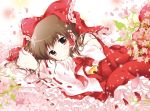  1girl arm_ribbon bow brown_hair cherry_blossoms detached_sleeves dress hair_bow hair_tubes hakurei_reimu long_sleeves looking_at_viewer lying on_side petals red_dress red_eyes smile solo touhou white-brown wide_sleeves 