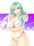  1girl bikini breasts cleavage frog_hair_ornament front-tie_top green_eyes green_hair hair_ornament highres kochiya_sanae large_breasts long_hair looking_at_viewer navel side-tie_bikini smile snake_hair_ornament solo swimsuit touhou x&amp;x&amp;x 