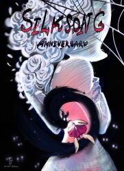  1other 2girls anniversary arthropod_girl black_eyes black_skin bodysuit cloak colored_skin crossed_arms english_text feathered_wings flower from_behind glowing glowing_eyes hat highres hollow_eyes hollow_knight hollow_knight:_silksong horned_mask hornet_(hollow_knight) horns lace_(hollow_knight) looking_at_another mask multiple_girls peache_bo petals red_cloak shade_(hollow_knight) sibling_(hollow_knight) silk spider_web white_bodysuit white_eyes white_flower white_hat white_mask white_wings wings 