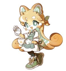  1girl animal_ears animal_nose apron blonde_hair bow bright_pupils collared_shirt cup dress full_body furry furry_female green_apron green_eyes hair_ornament holding holding_cup long_hair looking_at_viewer nalo_(petit_planet) official_art open_mouth petit_planet ponytail pouring shirt shoes short_ponytail sneakers white_pupils yellow_bow 