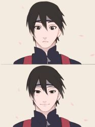  1boy 1girl absurdres black_eyes black_hair black_jacket blush couple falling_petals female_pov forehead_protector hair_between_eyes highres jacket looking_at_another looking_at_viewer naruto:_the_last naruto_(series) naruto_shippuuden pale_skin parted_bangs petals pink_petals pov sai_(naruto) swept_bangs xmonday_mintx yamanaka_ino 