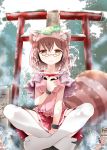  1girl animal_ears blush brown_eyes brown_hair futatsuiwa_mamizou glasses leaf leaf_on_head oouso_(usotsukiya) pince-nez raccoon_ears raccoon_tail ribbon_trim short_hair skirt smile solo tail thighhighs torii touhou white_legwear 