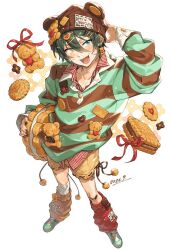  1boy animal_ears bear bear_ears biscuit_(bread) black_hair black_nails blue_eyes brown_hat circus66 collared_shirt commentary cookie dated english_commentary ensemble_stars! fake_animal_ears fang fingerless_gloves food full_body gloves hair_between_eyes hand_up hat heterochromia holding kagehira_mika leg_warmers long_sleeves male_focus nail_polish open_mouth red_ribbon ribbon shirt shoes short_hair shorts simple_background skin_fang smile solo standing white_background wing_collar yellow_eyes 