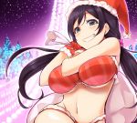 1girl black_hair breasts gloves green_eyes grin haruichi hat large_breasts long_hair love_live!_school_idol_project navel red_clothes santa_costume santa_hat smile solo toujou_nozomi twintails 