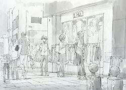  1boy 2girls absurdly_detailed_composition absurdres aldnoah.zero alternate_costume amifumi_inko bag bicycle brother_and_sister casual clothes_hanger clothes_rack clothes_shop commentary_request complex_exterior day expressionless full_body greyscale happy highres holding holding_bag holding_clothes_hanger kaizuka_inaho kaizuka_yuki long_hair mdream9903 monochrome multiple_girls outdoors painting_(medium) pants see-through_body see-through_clothes shopping shopping_bag short_hair shoulder_bag siblings skirt traditional_media watercolor_(medium) 