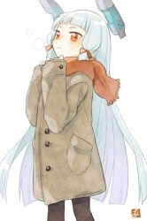  1girl alternate_costume ark_kan bad_id bad_tumblr_id black_pantyhose blunt_bangs blush brown_coat closed_mouth coat commentary_request floating_headgear hair_ribbon headgear kantai_collection long_hair long_sleeves multicolored_hair murakumo_(kancolle) orange_eyes pantyhose red_ribbon red_scarf ribbon scarf signature simple_background sleeves_past_wrists solo tress_ribbon very_long_hair white_background 