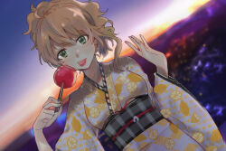  1girl :p blonde_hair breasts candy_apple closed_mouth commentary_request dutch_angle food food_print fruit_print green_eyes grey_sash highres holding holding_food hoshii_miki idolmaster idolmaster_(classic) izu_(mikirdgn) japanese_clothes kimono lemon_print looking_at_viewer obi onigiri_ornament outdoors ponytail print_kimono sash solo sunrise tongue tongue_out upper_body white_kimono wide_sleeves yellow_kimono 