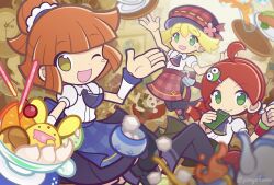  3girls ahoge amitie_(coffee_shop)_(puyopuyo) amitie_(puyopuyo) andou_ringo andou_ringo_(coffee_shop) apron arle_nadja arle_nadja_(coffee_shop) ascot black_ascot black_pants black_pantyhose black_shoes black_skirt blonde_hair blue_apron brown_eyes brown_hair carbuncle_(puyopuyo) card chair character_hair_ornament cherry chocolate clipboard clock closed_mouth coffee coffee_pot commentary_request creature cup drill_hair drinking_glass dropping flower food fruit gingham_apron gingham_clothes gingham_hat green_eyes hair_ornament hairclip hand_up hat hat_flower heart high_ponytail holding holding_clipboard holding_pen icing indoors juice jumping looking_at_viewer medium_hair midair multiple_girls newsboy_cap nib_pen_(medium) official_alternate_costume official_style one_eye_closed open_mouth orange_(fruit) orange_juice orange_slice pants pantyhose pen pen_(medium) pimyuhuwa pink_flower plate ponytail puffy_short_sleeves puffy_sleeves puyo_(puyopuyo) puyopuyo puyopuyo_quest red_apron red_hair red_hat shirt shoes short_hair short_sleeves sitting skirt smile spilling standing stuffed_animal stuffed_rabbit stuffed_toy sugar_bowl sugar_cube teacup traditional_media tray twin_drills twitter_username waist_apron waitress white_shirt wristband 