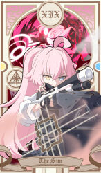  1girl absurdres abydos_high_school_logo ahoge artist_name ballistic_shield beretta_1301 black_gloves blue_archive blue_eyes bulletproof_vest card_(medium) commentary corrupted_halo english_text gloves glowing glowing_eyes goanchor gun halo heterochromia highres holding holding_gun holding_weapon hoshino_(armed)_(blue_archive) hoshino_(blue_archive) hoshino_terror_(blue_archive) pink_hair pink_halo ponytail red_halo roman_numeral school_uniform shield shirt shotgun tactical_school_uniform tarot tarot_(medium) the_sun_(tarot) twitter_username weapon white_shirt yellow_eyes 