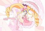  1girl blonde_hair blue_eyes boots bow dress drill_hair earrings eyepatch hair_bow harime_nui jewelry kill_la_kill long_hair pink_dress sirosame smile solo twin_drills twintails umbrella wrist_cuffs 