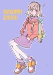  1girl backpack bag character_name cross dangan_ronpa dress expressionless hairband hands_in_pockets hood leather_jacket nanami_chiaki pantyhose pikaro pouch purple_background shoes short_hair silver_hair sneakers socks solo striped striped_socks studded_hairband super_dangan_ronpa_2 tattoo_tights white_legwear yellow_eyes 