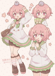  1boy :3 :d animal_on_head arm_up bag bird bird_on_head blush_stickers borrowed_character brown_shoes card closed_mouth colon_br commentary_request commission cowboy_shot dress fang food frilled_dress frills fruit full_body green_sailor_collar highres holding holding_card holding_food holding_fruit long_sleeves looking_at_viewer notice_lines on_head open_mouth original pink_eyes pink_hair playing_card sailor_collar sailor_dress shoes short_hair shoulder_bag signature skeb_commission skin_fang smile socks translation_request twitter_username two_side_up v-shaped_eyebrows watermark white_background white_dress white_socks 