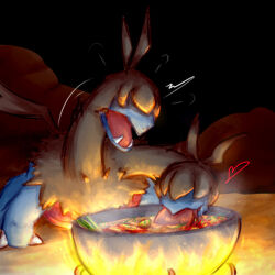  black_fur blue_fur commentary cooking_pot covered_eyes eating english_commentary fangs fire heart multiple_heads night no_humans outdoors poke-poke-poke pokemon pokemon_(creature) solo two-tone_fur zweilous 
