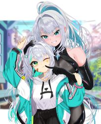  2girls :t absurdres aqua_eyes aqua_hair aqua_jacket aqua_streaks ark_ranger_black_(nikke) bandaid bandaid_on_cheek bandaid_on_face black_bodystocking black_bodysuit black_gloves black_skirt blue_eyes blurry blurry_background bodysuit breasts cheek_poking cheek_press commentary_request elbow_gloves epinel_(nikke) finger_to_another's_cheek finger_to_cheek gloves goddess_of_victory:_nikke green_eyes green_hair grin hair_intakes hand_on_another's_cheek hand_on_another's_face high_ponytail highres holding_hair_stick hood hood_down hoodie impossible_bodysuit impossible_clothes jacket large_breasts long_hair looking_at_another magical_girl mechanical_magical_girl multicolored_hair multicolored_jacket multiple_girls nerin_ekaki one_eye_closed pleated_skirt poking ponytail sidelocks skin_tight skirt smile standing star_(symbol) star_sticker sticker streaked_hair two-tone_hair very_long_hair white_hair white_hoodie 