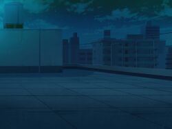 aqua_theme blue_theme building chain-link_fence city cityscape clouds cloudy_sky divine_heart_makina fence game_asset monochrome night no_humans non-web_source official_art outdoors rooftop scenery school self-datamine sky skyline skyscraper star_(sky) starry_sky tile_floor tiles visual_novel_cg 