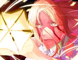  bare_shoulders bleach bleach:_sennen_kessen-hen blood blood_on_face brown_eyes brown_hair collared_vest commentary_request energy flower highres himamama0421 inoue_orihime inoue_orihime_(sennen_kessen-hen) light_rays long_hair lotus parted_bangs torn_clothes vest 