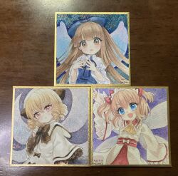  3girls :d arm_up ascot black_bow black_bowtie blonde_hair blue_dress blush bow bowtie brown_eyes brown_hair commentary_request dated dress drill_hair fairy_wings frilled_sleeves frills hair_bow hat highres long_hair long_sleeves luna_child mosho multiple_girls neck_ribbon open_mouth red_bow ribbon shikishi short_hair smile star_sapphire sunny_milk touhou traditional_media white_dress white_hat wide_sleeves wings yellow_ascot 