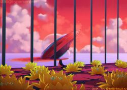  1girl 2024 artist_name black_hair clouds commentary_request dated fantasy flower from_behind highres hyperbencher instagram_username lily_(flower) lily_pad long_hair lotus mini_person minigirl nude original red_sky scenery science_fiction skeb_username sky solo twitter_username ufo very_long_hair wide_shot yellow_flower 