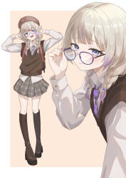  1girl absurdres adjusting_eyewear alternate_costume alternate_hairstyle beret boots braid brown_boots brown_hat brown_sweater_vest collared_shirt commentary_request full_body glasses grey_skirt hat highres hololive hololive_dev_is long_hair looking_at_viewer multicolored_hair multiple_views nail_polish necktie plaid_clothes plaid_skirt purple-framed_eyewear purple_hair purple_necktie sawari_66 shirt skirt solo streaked_hair sweater_vest todoroki_hajime twin_braids violet_eyes virtual_youtuber white_shirt 