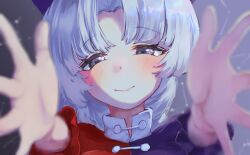  1girl absurdres blue_dress blurry blurry_foreground blush closed_mouth commentary constellation dot_nose dress grey_background grey_hair half-closed_eyes hands_up highres long_hair looking_at_viewer outstretched_arms parted_bangs portrait reaching reaching_towards_viewer red_dress short_sleeves smile solo star_(sky) suwa_(au_swap) touhou two-tone_dress violet_eyes yagokoro_eirin 