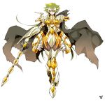  1girl absurdres arai_nobu armor blue_eyes cape female gallia_(saint_seiya_omega) green_hair highres long_hair looking_at_viewer saint_seiya saint_seiya_omega simple_background smile solo sword weapon white_background 