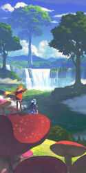  2girls absurdres banjie black_skirt black_thighhighs blue_sky clouds commentary_request day grass hat highres jacket long_hair multiple_girls mushroom nature orange_hair original outdoors pointing pointy_ears red_jacket river scenery simple_bird sitting skirt sky standing thigh-highs tree very_long_hair very_wide_shot water waterfall white_skirt 