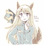  1girl animal_ears any_(lucky_denver_mint) blonde_hair blush eila_ilmatar_juutilainen fox fox_ears fox_tail hand_on_hip long_hair long_sleeves military military_uniform open_mouth pointing smile solo star strike_witches tail twitter_username uniform violet_eyes 