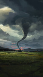  absurdres car commentary day english_commentary field highres max_asabin motor_vehicle no_humans original outdoors overcast red_car scenery sky storm tornado 