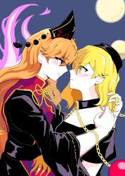  2girls absurdres artist_name bare_shoulders belt black_belt black_choker black_dress black_hat black_shirt blonde_hair blue_background blush breasts bright_pupils chain chinese_clothes choker collarbone commentary_request crescent crescent_print dalachi_(headdress) dress energy eye_contact eyes_visible_through_hair fingernails from_side full_moon gold_chain hair_between_eyes hand_on_another's_shoulder hands_up hat hecatia_lapislazuli hecatia_lapislazuli_(moon) highres junko_(touhou) long_dress long_hair long_sleeves looking_at_another mandarin_collar medium_breasts medium_hair moon moon_(ornament) multiple_girls neck_ribbon off-shoulder_shirt off_shoulder orange_hair pale_skin phoenix_print playing_with_another's_hair pom_pom_(clothes) red_eyes red_tabard ribbon shirt short_sleeves simple_background smile t-shirt tabard tassel teeth touhou underworld_(ornament) upper_body user_ayus4245 very_long_hair wavy_hair white_pupils wide_sleeves yellow_eyes yellow_ribbon yuri 