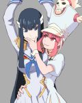  2girls black_hair blue_eyes epaulettes eyebrows hat jakuzure_nonon junketsu kill_la_kill kiryuuin_satsuki long_hair multiple_girls pink_eyes pink_hair 