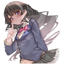  1girl black_hair blazer blue_eyes blue_jacket blush bow bowtie breasts cardigan commentary ebinger_f finger_to_cheek highres jacket long_hair looking_at_viewer nijisanji pink_bow pink_bowtie pleated_skirt school_uniform simple_background skirt small_breasts smile solo tsukino_mito tsukino_mito_(1st_costume) untranslatable_commentary upper_body virtual_youtuber white_background 