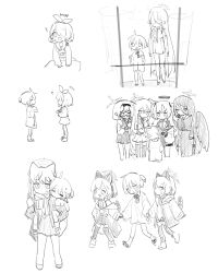 303xymm 6+girls :3 :d absurdres animal_ears blue_archive breasts cat_ears cat_tail character_request closed_mouth commentary_request dot_mouth fake_animal_ears female_sensei_(blue_archive) hair_between_eyes hair_ornament halo head_wings highres long_hair medium_breasts momoi_(blue_archive) monochrome multiple_girls no_pants sensei_(blue_archive) shirt short_hair skirt smile tail thigh-highs twintails white_background wings yuuka_(blue_archive) 