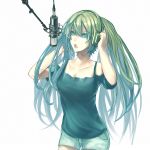  1girl arms_up green_eyes green_hair hands_on_headphones hatsune_miku headphones highres long_hair microphone open_mouth selea shorts singing solo twintails very_long_hair vocaloid white_background 