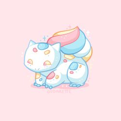  artist_name bulbasaur candy claws english_commentary food food-themed_creature leg_up marshmallow no_humans oddarette pastel_colors pink_background pointy_ears pokemon pokemon_(creature) pokemon_focus simple_background sparkle spots sweets swirl triadic_colors 