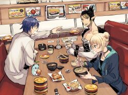  1girl 2boys black_choker black_hair black_shirt blonde_hair blue_hair blue_jacket booth_seating bowl chair chicken_(food) choker chopsticks coat commentary creature crossdressing crossdressing_(mtf) cup donkey_ear8 double_bun earrings eating elbow_gloves elf folded_ponytail food food_in_mouth french_fries fried_chicken glasses gloves green_eyes green_hair hair_bun hanabatake_chaika hanabatake_chaika_(1st_costume) holding holding_chopsticks holding_cup hood hooded_jacket indoors jacket jewelry kaburaki_roco kaburaki_roco_(1st_costume) lab_coat leos_vincent leos_vincent_(1st_costume) long_pointy_ears long_sleeves maid mameneko_(leos_vincent) multicolored_hair multiple_boys nijisanji noodles open_mouth outstretched_arm pectorals plate pointy_ears ramen restaurant ring shirt sitting sushi table virtual_youtuber white_coat white_gloves 