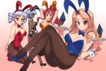  4girls animal_ears arms_up arnett_mcmillian atia_simmons bare_shoulders blonde_hair blue_eyes blush bowtie breasts bunny_girl bunny_tail bunnysuit character_request cleavage crossed_legs dark_skin detached_collar drill_hair freezing high_heels kusanagi_tonbo large_breasts long_hair looking_at_viewer multiple_girls pantyhose ponytail rabbit_ears red_eyes redhead short_hair silver_hair sitting smile tail tray twin_drills wrist_cuffs 