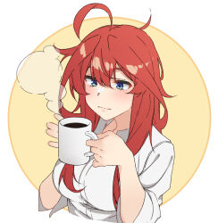  1girl ahoge blue_eyes blush breasts coffee_mug commentary_request cup go-toubun_no_hanayome holding holding_cup large_breasts long_hair messy_hair mug nakano_itsuki ran_maru red_hair shirt solo upper_body white_shirt 