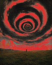  1other absurdres ambiguous_gender commentary english_commentary highres horror_(theme) meadow night original outdoors photonisdead red_sky red_theme sky sky_focus spiral standing very_wide_shot 