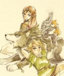  blonde_hair blue_eyes brown_hair helmet link link_(wolf) long_hair lying midna nintendo pointy_ears princess_zelda smile the_legend_of_zelda tiara traditional_media twilight_princess ume_hatsuzuki 