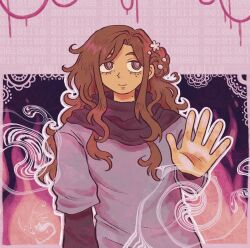 1girl binary black_sleeves brown_hair closed_mouth commentary curtained_hair dress english_commentary eyelashes fire flower freckles hair_bun hair_flower hair_ornament highres kurashiki_akane kyokugen_dasshutsu kyokugen_dasshutsu:_9_jikan_9_nin_9_no_tobira layered_sleeves long_hair long_sleeves mole mole_on_neck outline pakutheta purple_dress purple_outline short_over_long_sleeves short_sleeves single_hair_bun single_side_bun smile solo upper_body violet_eyes white_flower white_outline 