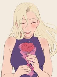  1girl absurdres bare_arms bare_shoulders blonde_hair blush bouquet breasts closed_eyes couple crop_top earrings eyelashes flower hair_over_one_eye highres holding holding_bouquet holding_flower jewelry lips lipstick makeup medium_breasts naruto:_the_last naruto_(series) naruto_shippuuden open_mouth pale_skin pink_lips pov purple_shirt red_flower sai_(naruto) shirt sleeveless sleeveless_shirt smile wavy_hair xmonday_mintx yamanaka_ino 