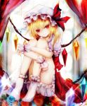  1girl basilis9 blonde_hair bloomers blue_rose curtains dress flandre_scarlet flower hat hat_ribbon highres leg_hug looking_at_viewer mob_cap puffy_sleeves red_dress red_eyes ribbon rose shirt short_sleeves side_ponytail sitting smile solo touhou underwear window wings wrist_cuffs 