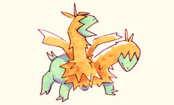  alternate_color alternate_shiny_pokemon chibi covered_eyes green_fur multiple_heads no_humans open_mouth orange_fur pokemon pokemon_(creature) simple_background solo tail two-tone_fur white_background xigrif zweilous 