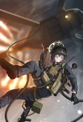  1girl absurdres aircraft black_gloves black_hair black_jacket black_pants blue_archive blue_eyes bulletproof_vest clenched_teeth closed_mouth combat_helmet commentary_request foot_out_of_frame from_side gloves green_halo gun halo helicopter helmet highres holster jacket looking_down machine_gun night odi pants pkm rocket_launcher rope rpg-7 rpg_(weapon) saki_(blue_archive) short_hair sky solo tactical_clothes teeth thigh_holster weapon 